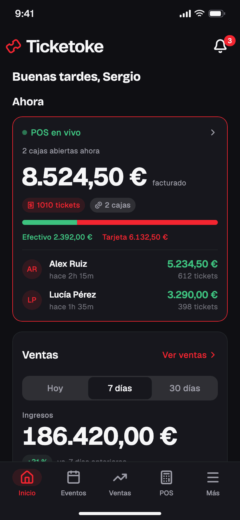 Inicio de Ticketoke Ops con las barras en directo y las ventas de la semana
