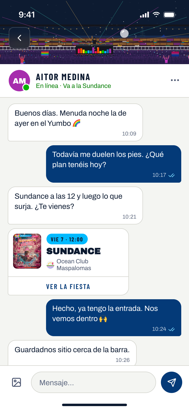 Chat entre dos asistentes en la app de Maspalomas Pride by Freedom