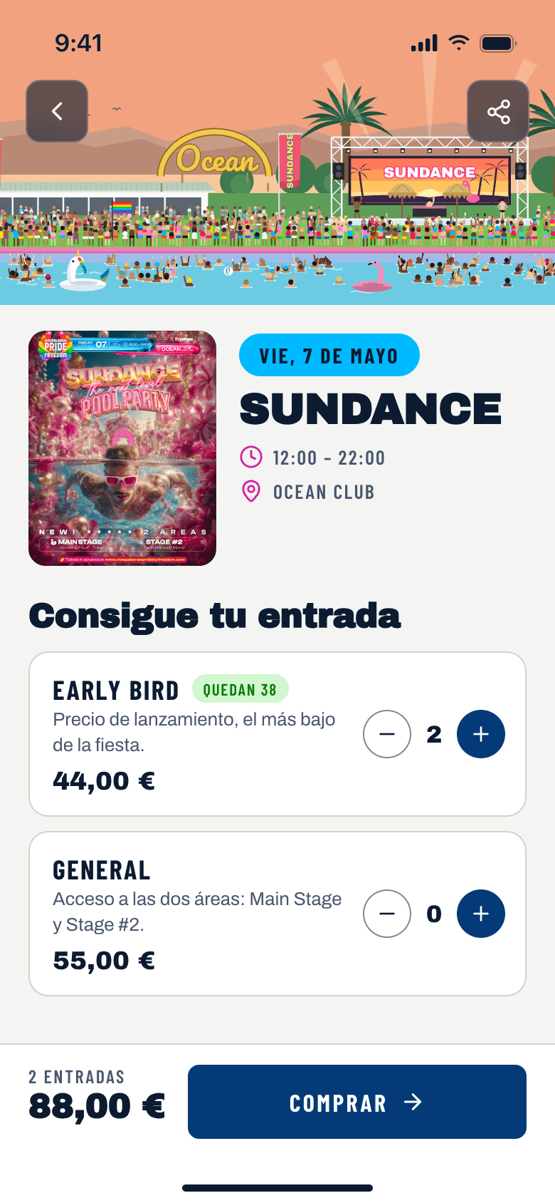 La misma fiesta en la app de Maspalomas Pride by Freedom, con su banda ilustrada y la compra de entradas